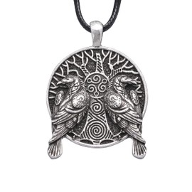 HAQUIL Raven Necklace, Huginn and Muninn Tree of Life Pendant, Faux Leather Cord, Viking Jewelry Gift