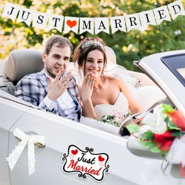 Chris.W 7Pcs Wedding Car Decorations - Just Married Hanging Banner, Magnets, Decals, Bows, Veil - Elegant Design for Honeymoon Trip
