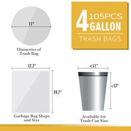 105 Count Small Trash Bags, 4 Gallon Garbage Can Liners - Unscented Wastebasket Trash Bags for Bathroom, Kitchen, Bedroom, Cleaning Supplies (15 Liter)