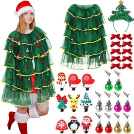 Mepase 32 Pcs Christmas Tree Costumes Outfit for Women Including Xmas Cloak Christmas Tree Headband with 10 Hair Clips 10 Bow Clips 10 Xmas Balls Decor for Holiday Party Costume Cosplay Covers