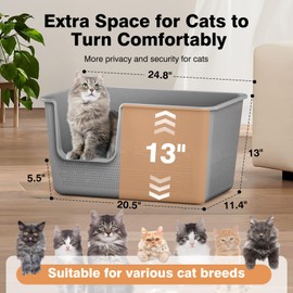Cat Litter Box with High Sided,24.8" Lx11.4 Wx13.0 H,Extra Large Cat Litter Box for Big Cats,XL Jumbo Kitty Litter Box for Indoor Cats,Tool-Free Assembly (Grey)