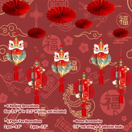 Adurself 2026 Year of The Horse Hanging Paper Fan Decorations, 6-Pack 3D Lion Head Lantern & Scroll Ornaments for Chinese New Year, Office, Store, Mall Spring Festival Decor