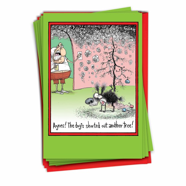 NobleWorks - 12 Boxed Merry Christmas Cards Bulk - Funny Cartoon Happy Holiday Stationery, Hilarious Notecard Set (1 Design, 12 Cards) - Dog Peed Tree B5842