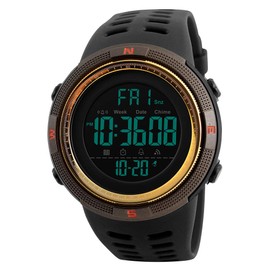 Men's Sports Watches Digital LED Face Backlight Multifunction Military Waterproof for Boys Wrist Watch 1251 (Black Brown Gold)