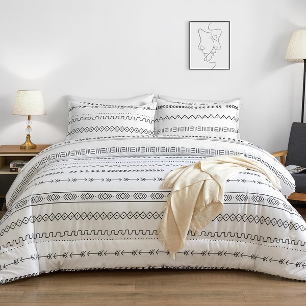 Andency White Boho Comforter Queen Size (90x90Inch), 3 Pieces (1