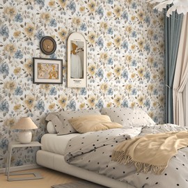 Peel and Stick Wallpaper Floral Wallpaper 17.3"x78.8" Boho Contact Paper Large Floral Wallpapers for Bedroom Watercolor Flower Removable Self Adhesive Wall Paper for Bathroom Walls Decorate