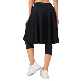 ANIVIVO 24" Long Knee Length Skirted Leggings for Women,Modest Athletic Skirt with Leggings Pleated Workout Skirt Zipper Pockets(Black,XL)