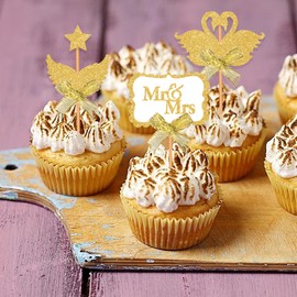 Blopee - Decoración para tartas de boda, decoración de tartas oblonga, color dorado y dorado, divertido decoración para tartas de boda, novia y novio, 12 piezas elegantes para decoración de pasteles