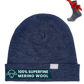 Merino Wool Beanie Men and Women - Cuff Merino Wool Hats for Men and Women - Unisex Adult Beanie Winter Hat and Socks (Navy, Small-Medium)
