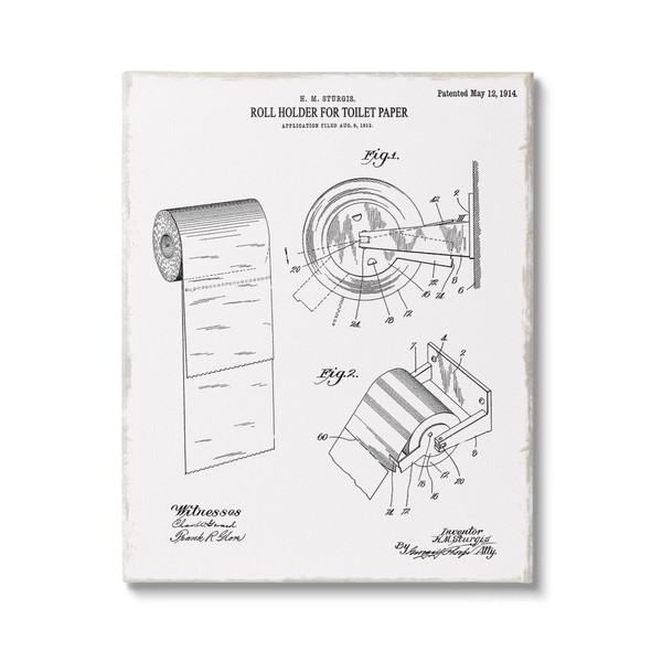 Stupell Industries Vintage Toilet Paper Holder Diagram Bathroom Blueprint, Design