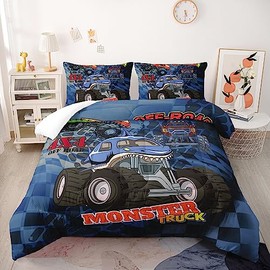 Suncloris Cool Racing Monster Truck Comforter Set, Kids Teens Shark Pattern Off-Road Vehicle Truck with Large Wheels Quilted Duvet Bedroom Decor with 2 Pillow Cases (02, Queen)