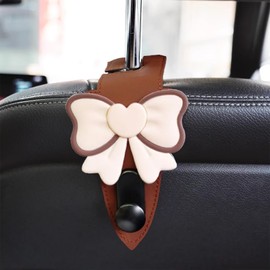 JAYIKA 2PCS Car Hooks for Headrest, Brown Cute Bow Seat Back Hooks for Purses, Handbags, Premium Leather Hanger with Metal