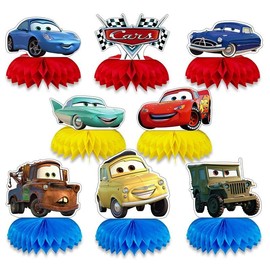 Para suministros de fiesta de cumpleaños de autos, 8 piezas de centros de mesa de panal para decoraciones de fiesta de autos, decoraciones de mesa de doble cara, centros de mesa para fiestas