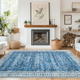 Andency Large 9x12 Washable Area Rug for Living Room Bedroom, Vintage Boho Blue Rug, Foldable Floral Carpet, Stain Resistant Non-Slip Rug, Printed Distressed Decor Rug for Dining Room