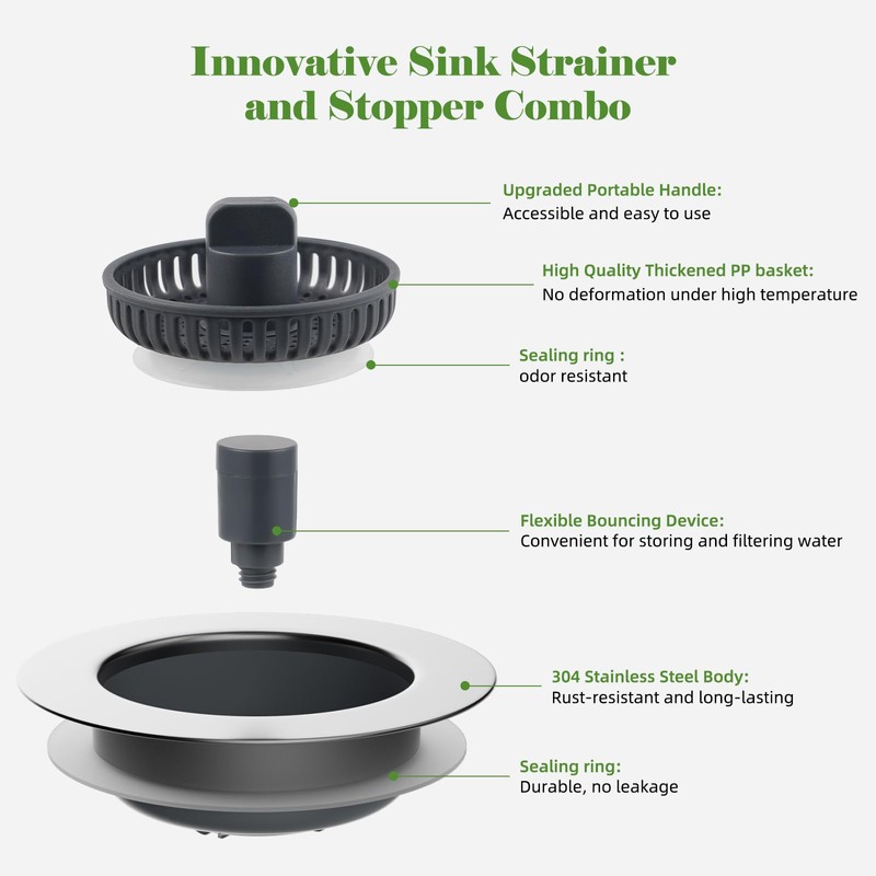 Kitchen Sink Drain Strainer Stopper, Stainless Steel Wrapped Pop Up