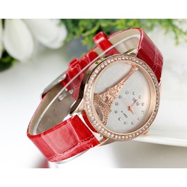 JewelryWe Bling Rhinestone Accented Eiffel Tower Red Leather Watch Ladies Women Watches