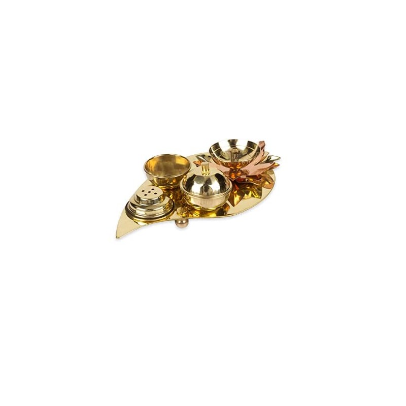 Brass Leaf Shape Platter Plate with Attached Diya Agarbatti Holder