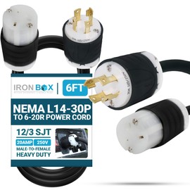 IronBox Electric NEMA L14-30P to 6-20R Power Cord Plug Adapter - 20A, 250V, 12/3 SJT - UL Listed Extension Cable - Heavy Duty Plug and Connector for Generator, Camper, Data Center & More (6ft, Build)