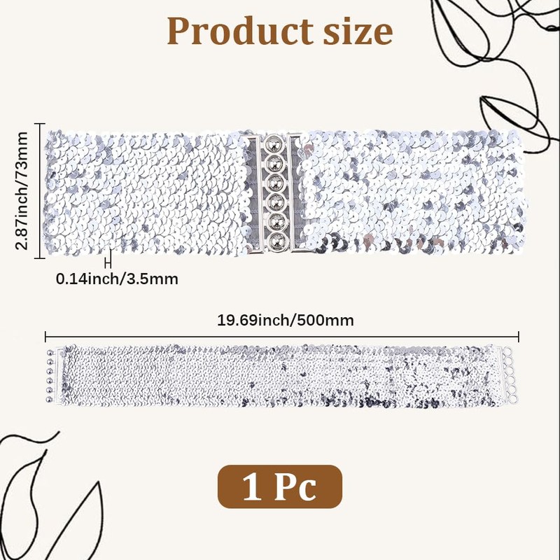 CABODYALS 73mm Silver Wide Elastic Glitter Sequin Dance Belt for