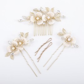 Haodeliy Hair Ornament, Headdress, Comb, U-Pin, 5-Piece Set, Popular, Hair Accessory, Beautiful Floral Pattern, Tree Leaf Motif, Pearl, Hair Ornament, Handmade, Wedding Headdress Weddings, Graduation