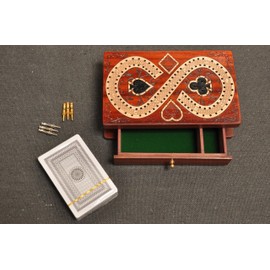 PALM ROYAL HANDICRAFTS 2 Track Cribbage Board Game Set with Magnetic Pull Drawer, Playing Cards - Metal Pegs - Storage Available, Travel Portable Cribbage Game Sets for Family. (Size - 6.5" x 4").