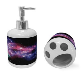 Ambesonne Outer Space Soap Dispenser & Toothbrush Holder Set, Stars and Dusty Gas Cloud in Planetary Cosmos Universe Print, Ceramic Bathroom Toiletry Accessories, 2 Pcs, Purple Pink Navy