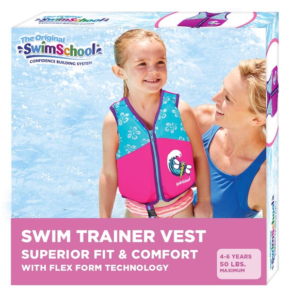 SwimSchool Swim Trainer Vest – Medium/Large Max 50 Pounds – Kids Swim Vest with Padded Shoulders –Comfortable Flex-Form-Fit Design with Adjustable Safety Strap – Pink/Aqua