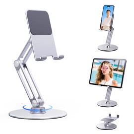 BONERUY Cell Phone & Tablet Stand for Desk, Adjustable 360° Swivel Aluminum Alloy Desktop Phone Holder with 360-degree Rotating Base and Dual Axis Adjustment for 4"-13" Phone and Tablet