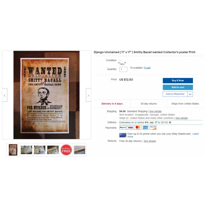 Django Unchained 11" x 17" Smitty Bacall wanted Collector's poster