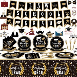 116PCS Law School Graduation Decorations Congrats Lawyer Grad Paper Plates Napkin Tablecloth Hanging Banner Swirls Law Themed Tableware Table Cover Supplies for Graduation Party Classroom Supplies