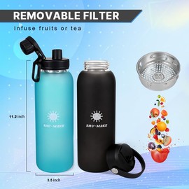 SHU-MAKE 44oz Large water bottle straw lid, screw on Lid, bottle sleeve, stainless steel strainer all included. Environment friendly large hydration bottle.