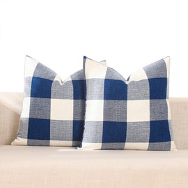 CARRIE HOME Navy Blue and White 20x20 Outdoor Throw Pillow Covers Set of 2 Buffalo Plaid Farmhouse Pillow Covers 20 x 20 Inches, Boho Plaid Decor for Outdoor Patio and Yard