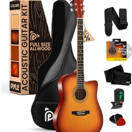 Pyle Steel String Acoustic Guitar Kit, 4/4 Full Size Cutaway All-Wood Guitarra Acustica with Premium Accessory Set and Upgraded Gig Bag, 41" Cherry Burst Glossy:_Cherry Burst Glossy