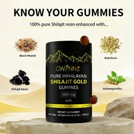 GWYNNE Pure Himalayan Shilajit Gold Apto para Hombres y Mujeres Orgnico Pote con 60 Gomitas Sin sabor                                                 