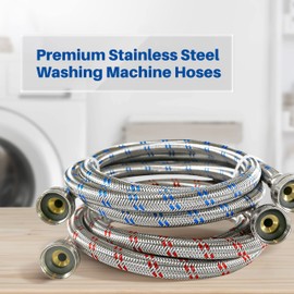 K&J Premium 6ft Washing Machine Hoses Burst Proof 2 Pack - Hot and Cold Water Supply Hoses for Washing Machines (Stainless Steel)