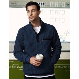 Wirltte Casual Sweatshirts for Men Pullover Mens Sweatshirt Long Sleeve Button Stand Collar Quilted Sweatshirts with Pocket Navy Blue M