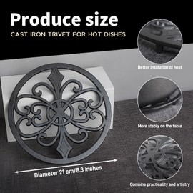 Gripebao Cast Iron Trivet for Hot Dishes Decorative, 8.3 Inch Round Heat Resistant Pot Holder Metal, Black Hot Pans Teapot Plate Racks Stands Pads for Kitchen Quartz Countertop Table Decorations