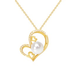 BURLAP LIFE 14K Gold Plated 925 Sterling Silver Dainty Real Pearl Love Heart Pendant Necklace for Women Freshwater Cultured White Pearl Drop Necklace Jewelry Gifts for Her 3 Heart