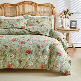 MKXI Farmhouse Floral Comforter Set Gorgeous Bed Comforter Print Orange Pink Flowers On Green Queen Size Botanical Comforters Vine Pattern Aesthetic Bedding Comforter for All Season