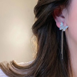 Allereya Vintage Long Pearl Drop Earrings Crystal Butterfly Stud Earrings Rhinestone Butterfly Earrings Silver Cz Long Chain Tassel Earrings Jewelry for Women and Girls