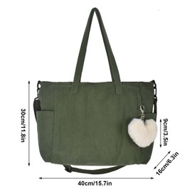 Cleminsta Women's Green Cord Shoulder Bag with Zip, Women's Corduroy Shoulder Bag with Pocket Compartment for Work Office Travel Shopping School, Green