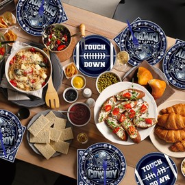Hokinaa Cowboy Football Party Decorations - 96 Pcs Blue Cowboy American Rugby Tableware Set, Game Day Disposable Paper Plate Napkin Fork, Sports Birthday Party Supplies for Boys Men, Serves 24 Guests