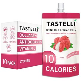 Tastelli Lychee Konjac Jelly with 1000mg Collagen & Vitamin C | Sugar Free Gluten Free Low Calorie | Vegan Fruit Snack | 150mL x 10 Pouches