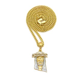 Sparkled Stone Stud Jesus Face Pendant 24" Various Chain Necklace in Gold Silver Color Tone (3mm 24" Cuban Chain)