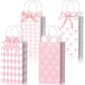 Gilprop 16 Pcs Pink Bow Gift Bags Paper Small Coquette Treat Goodie Candy Bags for Birthday Wedding Bridal Shower Engagement Party Favor Supplies