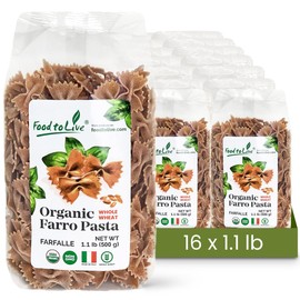 Food to Live - Organic Farro Farfalle Pasta, 1.1 lb (Pack of 16) - Italian Whole Wheat and Non-GMO Bow-tie Pasta, Single Ingredient