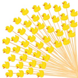 JarThenaAMCS 100Pcs Yellow Duck Cocktail Picks Rubber Duck Handmade Bamboo Toothpicks Garnish Sticks for Neutral Birthday Baby Shower Party Supplies