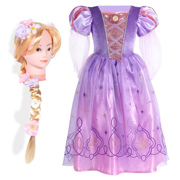 Girls Rapunel Princess Fancy Dress with Tangled Wig 3-4years,New Option 2022