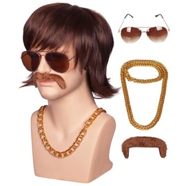 ColorGround 3-Pieces Chain and Moustache and Short Curly Wig for 70'S Disco Party (Brown (4 pieces set))