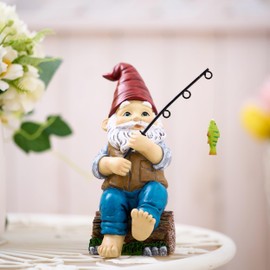 TERESA'S COLLECTIONS Resin Outdoor Statues for Garden Decor, Garden Gnome with Fishing Pole Funny Decorations for Outside, Yard Gnome Decor for Patio Lawn Ornaments, Ideal Gift for Women and Man, 8"